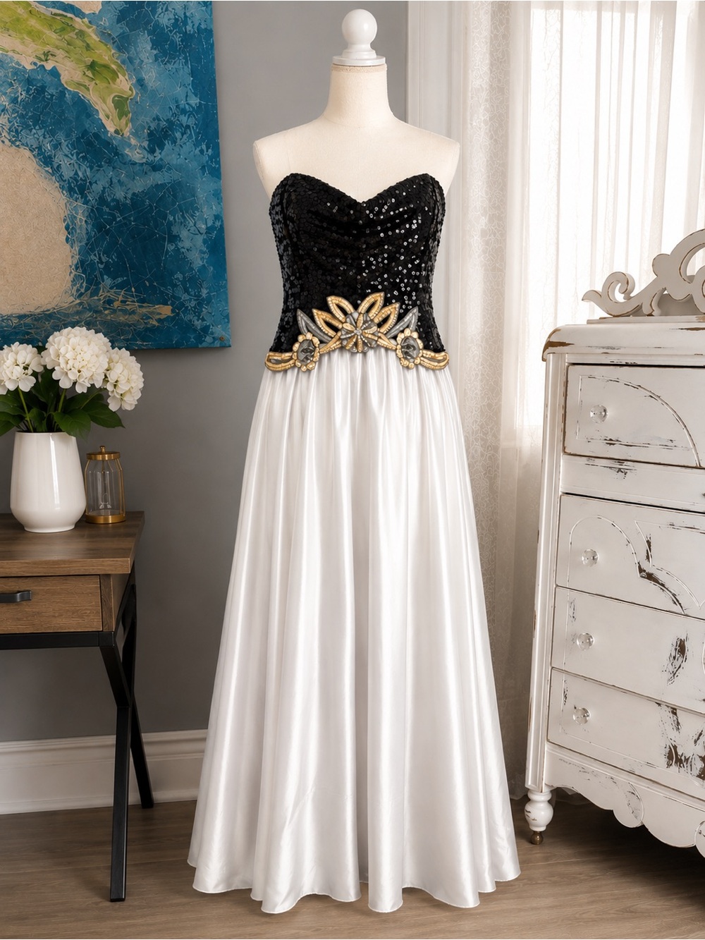 Vintage Nadine Formal Black Sequin Strapless bodice with white Gown Size XS